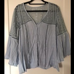 Light blue lace/crochet bell sleeve blouse